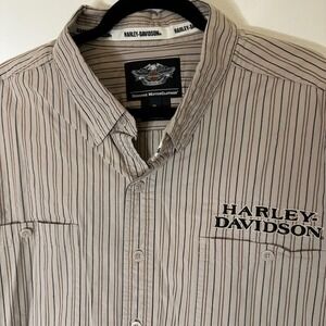 Vintage Harley Davidson 3XL Long Sleeve Embroidered Beige Striped Button Down